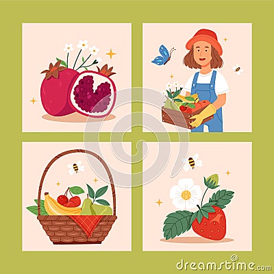 Hand drawn flat fruit harvest square illustration set Cartoon Illustration