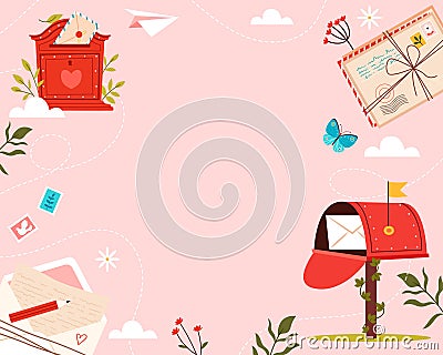 Hand drawn flat mail background with postbox and letters Stock Photo