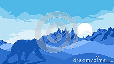 Hand drawn flat winter landscape illustration, iceberg and polar bear silhouette wallpaper Vector Illustration