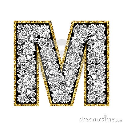 Hand drawn floral alphabet design. Gold glittering contour. Letter M. Vector Illustration