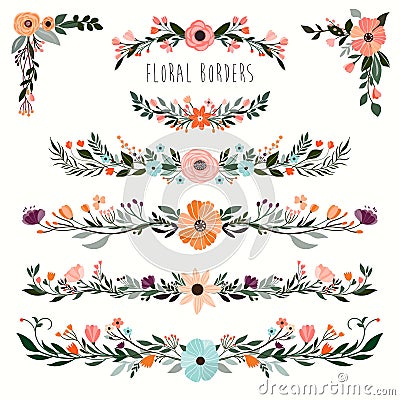 Hand drawn floral borders collection Vector Illustration
