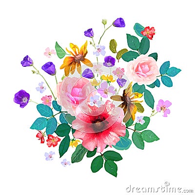 Hand drawn floral bouquet with flowers and leafs. Vecto Vector Illustration