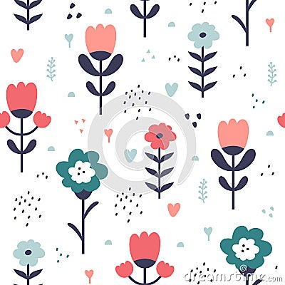 Hand drawn floral elements seamless pattern. Different flowers and herbs in Scandinavian style. Blooming summer meadow Vector Illustration