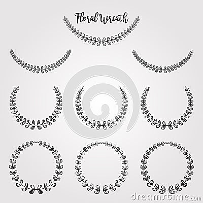 Hand drawn floral laurels and wreaths set illustration. Romantic floral frame doodle design elements for wedding card invit Vector Illustration