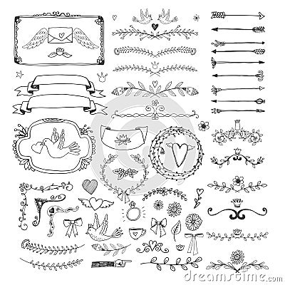 Hand drawn floral page elements. Swirls, ribbons Vector Illustration