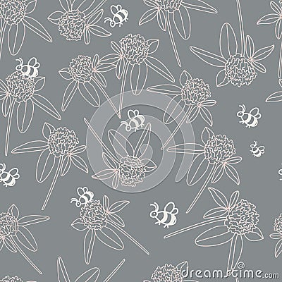 A hand-drawn floral pattern of clover and flying bees. Organic honey. Vector stylized floral background in doodle style Vector Illustration