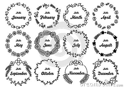 Hand drawn floral round frames set Vector Illustration