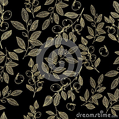 Hand drawn blossom gold on black floral seamless pattern vector Vector Illustration