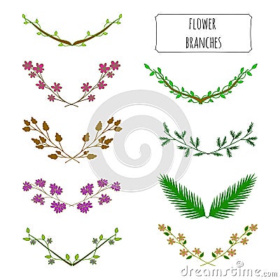 Hand drawn floral set of branches. Vector Illustration