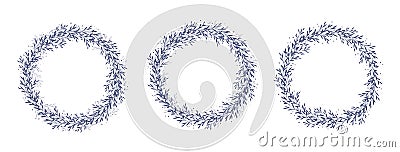 Hand Drawn Floral Vector Wreaths. Delicate Dark Blue Round Shape Garlands. Vector Illustration