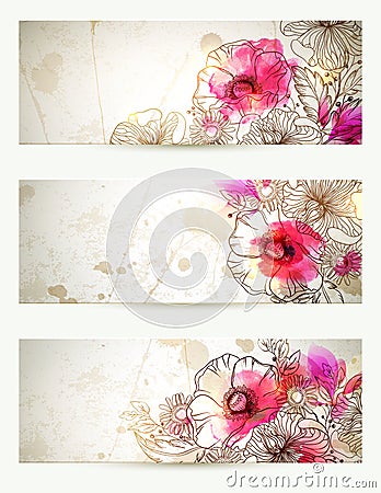 Hand drawn floral vintage illustrations. Set of three backgrounds with flowers branch and poppies. Abstract pink Vector Illustration