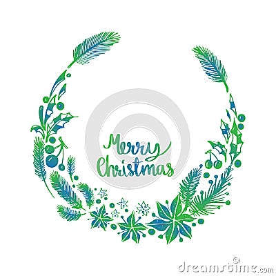 Hand drawn Floral wreath and hand drawn lettering. Merry Christmas Seasons greetings card designs perfect for prints, flyers, car Vector Illustration