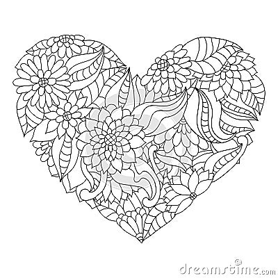 Hand drawn flower heart for adult anti stress colouring book. Vector Illustration