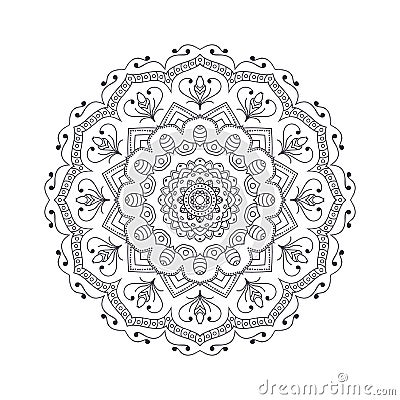 Hand drawn flower mandala for coloring book. Black and white ethnic henna pattern. Vector Illustration