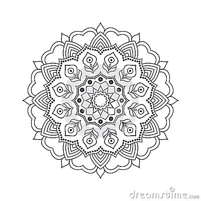 Hand drawn flower mandala for coloring book. Black and white ethnic henna pattern. Vector Illustration