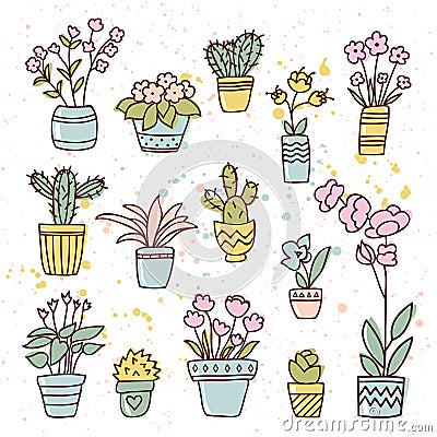 Hand drawn flowers and cactus in the pots. Vector set of plants and succulents. Vector Illustration