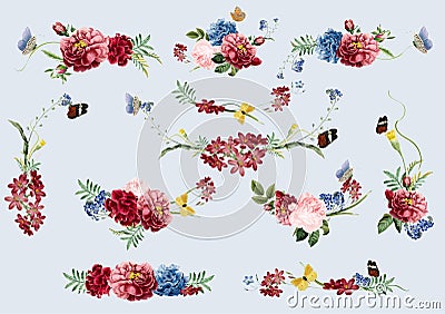 Hand drawn flowers colorful floral pattern Vector Illustration