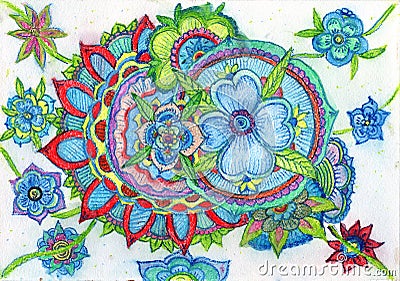 Hand drawn flowers. colorful pattern with doodles. Oriental and traditional mandala. bright colors. green, red and blue sketch. Pe Stock Photo