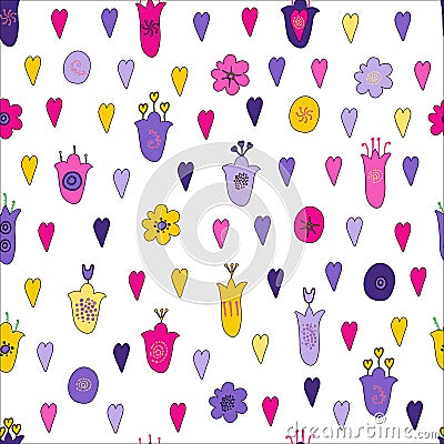 Hand drawn flowers and hearts doodle seamless pattern. Pink, purple, yellow, violet flowers. Naive style, Endless pattern Stock Photo