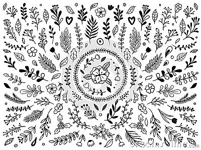 Hand drawn flowers ornament. Ornamental sketch flourish flower. Vintage floral ornaments isolated vector elements set Vector Illustration