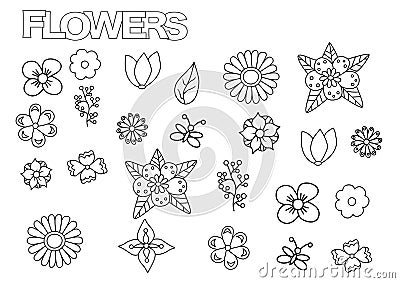 Hand drawn flowers set. Coloring book page template. Vector Illustration