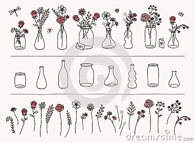 Hand drawn flowers and vases Vector Illustration