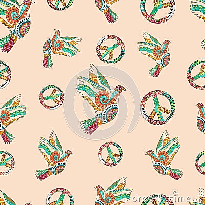 Hand drawn flying doves and sign peace. Hippie wallpaper. Vector Illustration