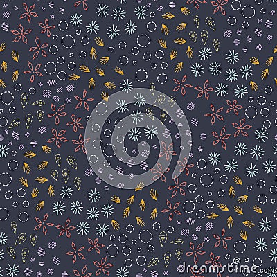 Hand Drawn Foliage and Flowers, Mimicking Embroidery Stitches, on Dark Background Floral Vector Seamless Pattern Stock Photo