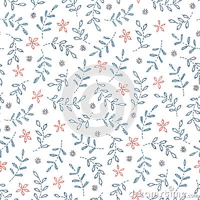Hand Drawn Foliage and Flowers, Mimicking Embroidery Stitches, on White Background Floral Vector Seamless Pattern Vector Illustration