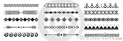 Hand drawn folk motif, ethnic pattern set. Peru, mexican, aztec drawn border pattern. Boho, indian decoration, arrow Vector Illustration