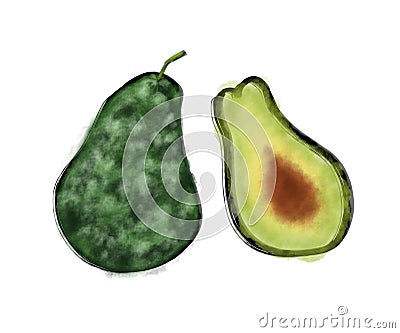 Oil painting watercolor hand painted avocado, food temptation Cartoon Illustration