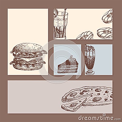 Hand drawn food sketch cards for menu restaurant product and doodle meal cuisine vector illustration. Vector Illustration