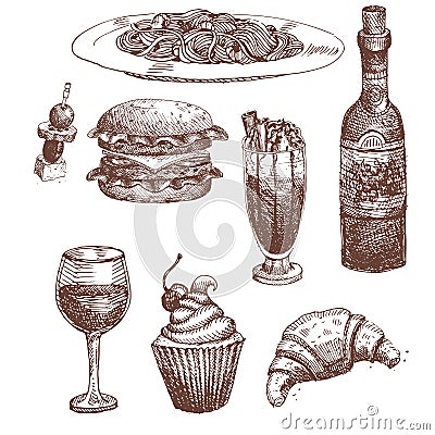 Hand drawn food sketch for menu restaurant product and doodle meal cuisine vector illustration. Vector Illustration