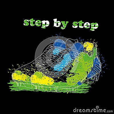 Hand drawn football boots with watercolor effect, ink, art and blot object. Step by step. Green spring. Vector Illustration