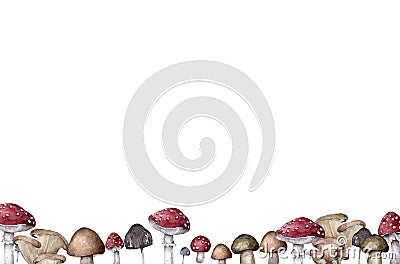 Hand drawn forest mushroom background of amanita with snails and caterpillars on white background Stock Photo