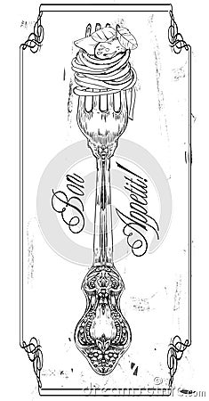 Hand drawn fork with pasta Vector Illustration