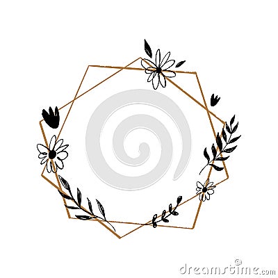 Hand drawn frame illustration. Vector floral lurel wreath with flowers, branches and leaves Cartoon Illustration