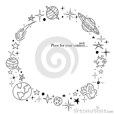 Hand drawn frame. Space elements in doodle style. Vector Illustration