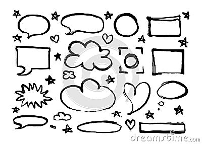 Hand-drawn frames, borders, speech bubbles, stars, hearts set isolated on white background. Vector Illustration