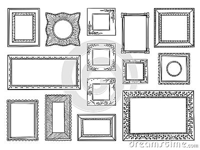 Hand drawn frames. Doodle square and circle boarders, vintage decorative sketch shapes. Vector doodle ornamental Vector Illustration