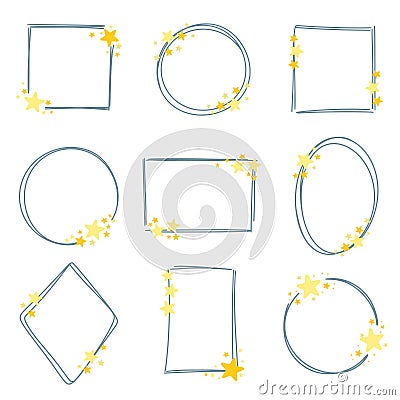 Hand drawn frames with golden stars set Vector Illustration