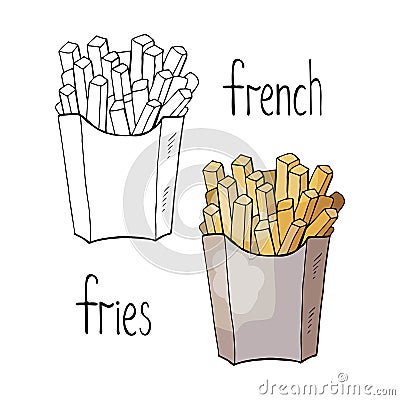 Hand drawn french fries black and white and color isolated on white background. Vector fast food- french fries Vector Illustration