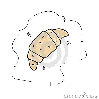 Hand drawn fresh baked bakery croissant. Drawing is decorated with contour decor, swirls, stars.Vector illustration in monochrome Vector Illustration