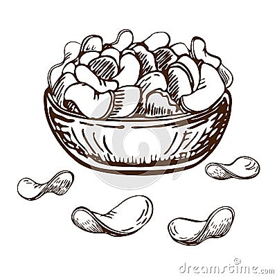 Hand drawn fresh fried heap of potato chips in bowl isolated on white background. vector engraved sketch of crisp snack. Vintage Cartoon Illustration