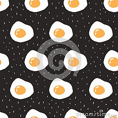 Hand drawn fried eggs with bright yellow yolk on black background. Yummy breakfast. Contemporary trendy vector pattern Vector Illustration