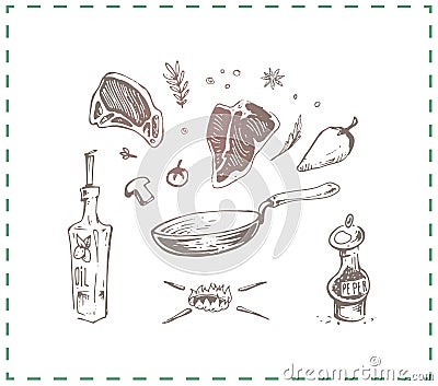 Hand drawn fried steak. Vector doodle icons Vector Illustration