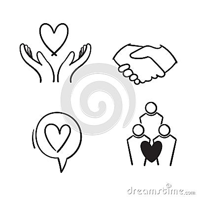 Hand drawn Friendship and love line icons. Interaction, Mutual understanding and assistance business. Trust handshake, social Vector Illustration