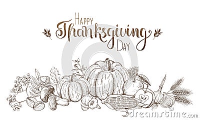 Hand-drawn fruits and vegetables. Thanksgiving and harvest festival. Engraved style. Vector Illustration