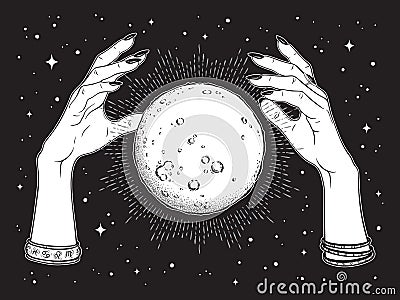 Hand drawn full moon with rays of light in hands of fortune teller line art and dot work. Boho chic tattoo, poster or altar veil Vector Illustration