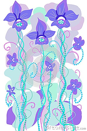 Hand drawn floral garden fantasy in aqua blue and lavenders orchids , growing flowers for art background Stock Photo